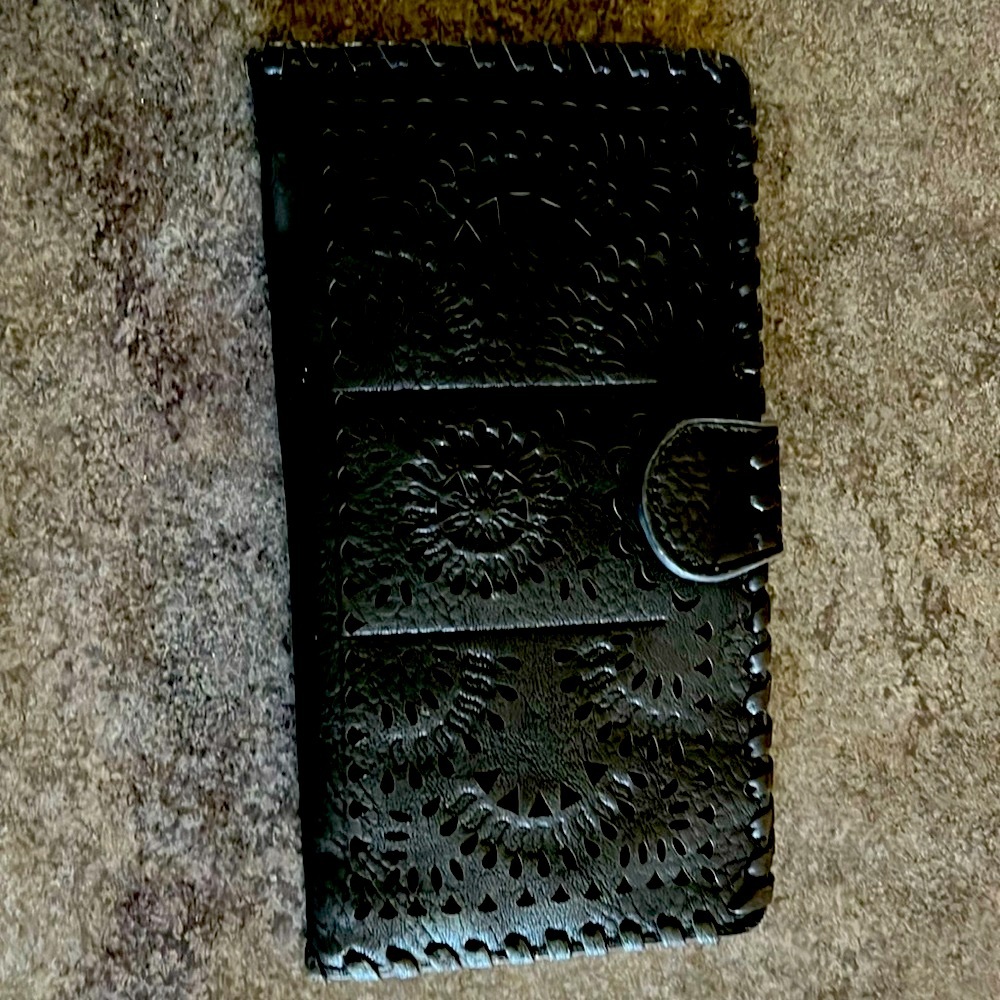 Black Tooled Leather Travel Wallet